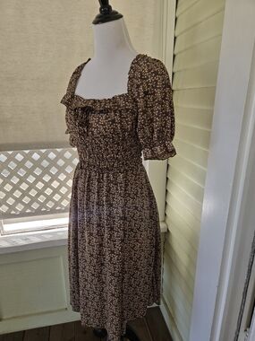 SHEIN Brown Floral Square-Neck Midi Dress with Puff Sleeves